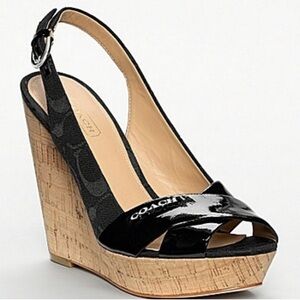 Coach Black and Tan Wedge Sandals with Cork Heel